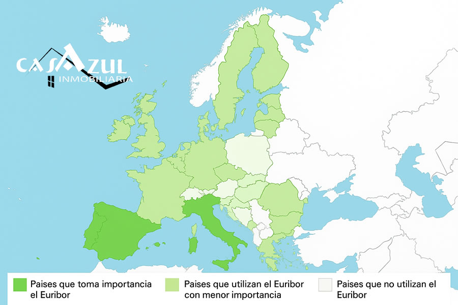 Mapa de Europa con marcado a diferentes colores según los paises en los que el Euribor toma más o menos importancia